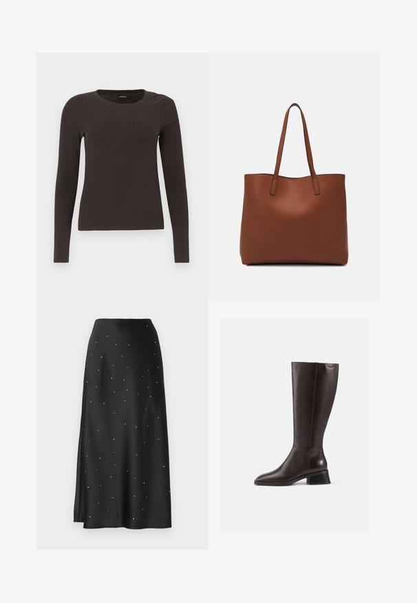Brun långärmad ribbad topp med rundad halsringning. Tillverkad av ett mjukt, elastiskt material, med en figurnära silhuett och minimala detaljer.; YAS YASPELLA RHINESTONE MIDI SKIRT - A-linjekjol - black; Knähöga bruna läderstövlar med en slät finish, rund tå och en staplad svart klack. Enkel design med minimala hårdvarudetaljer.; Brun läder tote-väska med en slät textur, öppen toppdesign och två axelremmar. Har minimal söm och ingen synlig metalldetalj.
