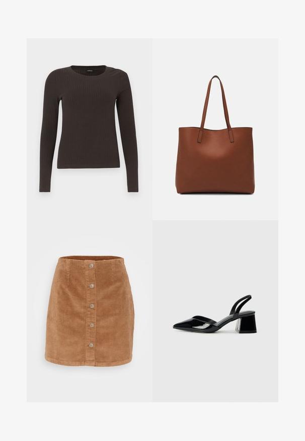 Top castanho de manga longa em malha com decote redondo. Feito de um material suave e elástico, apresentando um silhueta ajustada e detalhes mínimos.; Saia mini de veludo cotelê em castanho claro, com fecho frontal em botão, sete botões em tom prateado e um tecido texturizado e estriado.; Sandy em verniz preto com salto slingback, ponta afilada e salto geométrico. Apresenta um design elegante e minimalista com textura suave.; Bolsa tote de couro castanho com uma textura suave, design de abertura superior e duas alças para o ombro. Apresenta costura mínima e sem hardware visível.