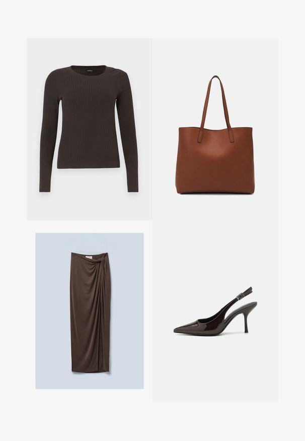 Top castanho de manga longa em malha com decote redondo. Feito de um material suave e elástico, apresentando um silhueta ajustada e detalhes mínimos.; Saia castanha, até ao joelho, feita de um tecido suave e drapeado. Apresenta um detalhe de nó torcido na cintura e uma textura lisa.; Sapato de salto alto tipo slingback em verniz castanho escuro brilhante, com bico apontado, laterais abertas e tira ajustável ao tornozelo.; Bolsa tote de couro castanho com uma textura suave, design de abertura superior e duas alças para o ombro. Apresenta costura mínima e sem hardware visível.