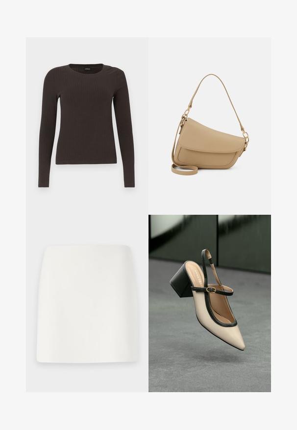 Un haut marron à manches longues en rib avec un col rond. Fabriqué dans un matériau lisse et extensible, il présente une silhouette ajustée et un minimum de détails.; Jupe mini blanche ajustée avec une texture lisse et des lignes épurées. Pas de motifs ou de quincaillerie visibles. Ourlet droit en bas.; Escarpin beige à bout pointu et bride arrière, avec des finitions noires, une boucle dorée et un talon bloc épais, posé sur un sol gris avec un fond vert foncé.; Even&Odd Sac à main - beige