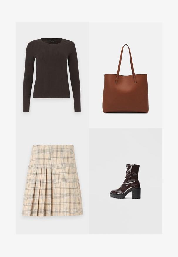 Hnědý, dlouhý rukáv, žebrovaný top s kulatým výstřihem. Vyrobeno z hladkého, elastického materiálu, s přiléhavým střihem a minimálním zdobením.; Plisovaná kostkovaná sukně v béžové barvě se modrými a hnědými pruhy, s upraveným pasem a strukturovanou texturou látky.; Lesklá bordó kotníková bota s masivním černým podpatkem, se hladkým povrchem a jednoduchým designem. Žádné viditelné zapínání ani vzory.; Hnědá kožená taška přes rameno s hladkou texturou, otevřeným designem a dvěma ramenními popruhy. Obsahuje minimální švy a žádné viditelné kovové prvky.