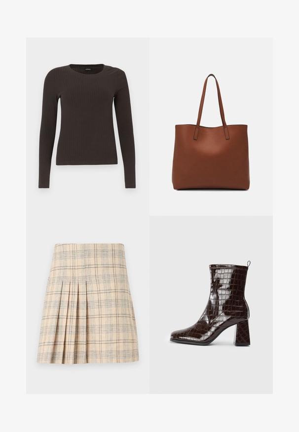 Brūns, garām piedurknēm ribots tops ar apaļu kakla izgriezumu. Izgatavots no gludas, elastīgas materiāla, ar pieguļošu siluetu un minimālu apdari.; Gaiši brūna karogaina svārku svītra ar zilu un brūnu līniju, kurai ir pielāgota josta un tekstilins audums, nodrošinot strukturētu izskatu.; Tumši brūnas lakotas ādas potītes zābaki ar krokodila tekstūru, bloks papēdis un pacelšanas cilpa aizmugurē uz balta fona.; Brūna ādas iepirkumu soma ar gludu tekstūru, atvērta augšdaļa un divas plecu siksnas. Izceļas ar minimālām šuvēm un redzamu aparatūru nav.