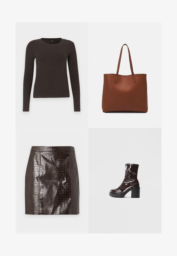 Top marrone a maniche lunghe con scollo rotondo. Realizzato in un materiale liscio e elasticizzato, presenta una silhouette aderente e dettagli minimi.; Gonna mini in finta pelle di coccodrillo marrone scuro, con cuciture a pannello e orlo dritto.; Stivale alla caviglia bordeaux lucido con un tacco spesso nero, caratterizzato da una superficie liscia e un design semplice. Nessuna chiusura visibile o motivo.; Borsa tote in pelle marrone con texture liscia, design con apertura superiore e due spallacci. Presenta cuciture minime e nessun hardware visibile.