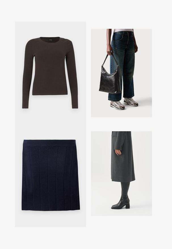 Top castanho de manga longa em malha com decote redondo. Feito de um material suave e elástico, apresentando um silhueta ajustada e detalhes mínimos.; Object OBJTHESS - Minissaia - sky captain; Casaco cinza, ajustado, com corte reto; combinado com botas de couro pretas até ao joelho, com biqueira quadrada e salto grosso.; Bolsa de ombro em couro preto com textura suave e alça ajustável, combinada com jeans de perna larga desbotados e ténis desportivos.