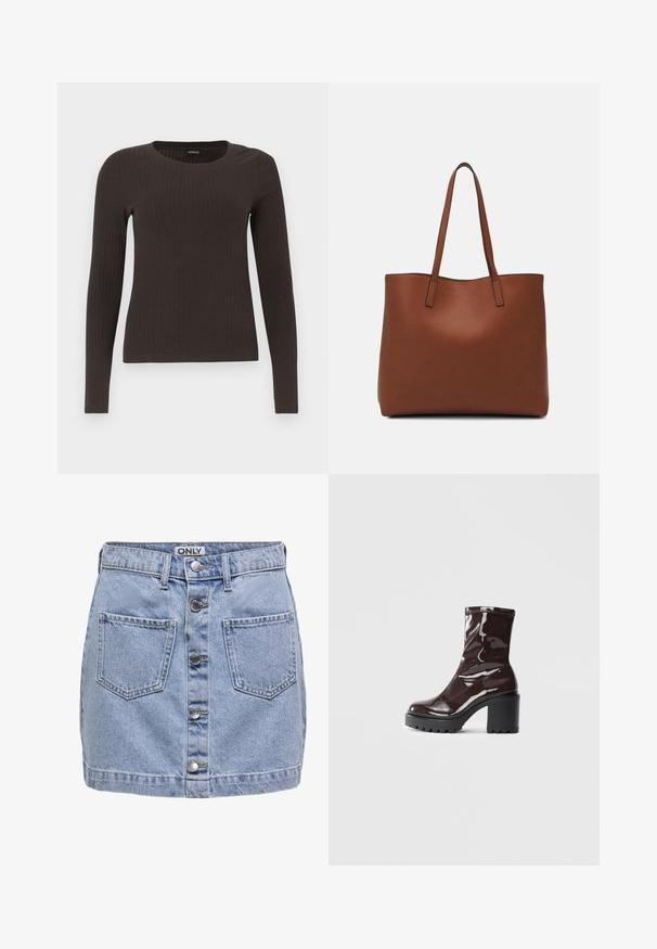 Brūns, garām piedurknēm ribots tops ar apaļu kakla izgriezumu. Izgatavots no gludas, elastīgas materiāla, ar pieguļošu siluetu un minimālu apdari.; Gaišie zilo džinsu mini svārki ar pieciem priekšējiem pogām, divām un ielāpu kabatām un nedaudz nolietotu tekstūru. Etiķete ar uzrakstu "ONLY".; Spīdīgas bordo potīšu botītes ar masīlu melnu papēdi, kurām ir gluda tekstūra un vienkāršs dizains. Nav redzamu aizdari vai rakstu.; Brūna ādas iepirkumu soma ar gludu tekstūru, atvērta augšdaļa un divas plecu siksnas. Izceļas ar minimālām šuvēm un redzamu aparatūru nav.
