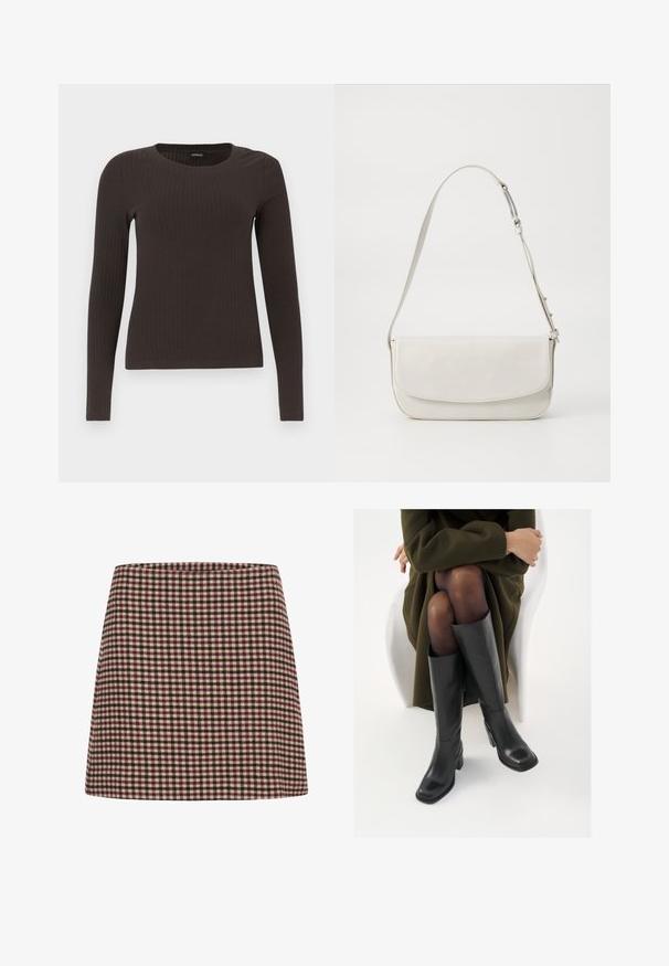 Pruun, pikkade varrukatega ribaga särk, millel on ümar kaelus. Valmistatud siledast, venivast materjalist, omades formatiivset siluetti ja minimaalset dekoratiivsust.; Punane ja kreemjas ruuduline mini-seelik, millel on sirge siluett ja tekstuuriga kangas. Ilma nähtavate kinnituste või kaunistusteta.; Knee-high mustad nahast saapad nelinurkse varbaga ja plokilise kontsaga, esitatud mudeli kõrval, kes istub oliivirohelises mantlis. Sujuv tekstuur, minimaalne detailide arv.; Valge nahast õlavarre kott, millel on sile viimistlus, ristkülikukujuline kuju, klapiga sulgemine ja reguleeritav rihm. Lihtne tikand