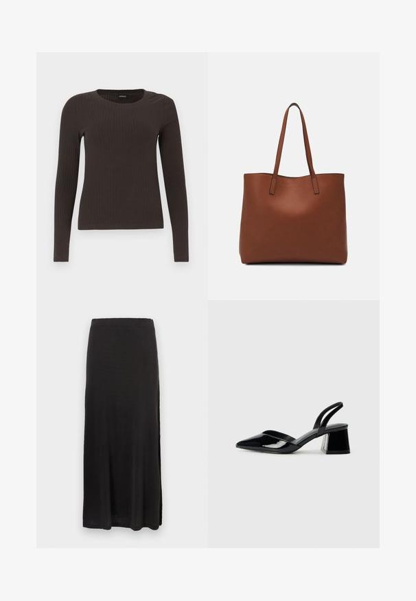 Brown, long-sleeve ribbed top with a crew neckline. Made from a smooth, stretchy material, featuring a fitted silhouette and minimal detailing.; Black maxi skirt made of soft fabric, featuring a straight silhouette with a side slit, smooth texture, and an elastic waistband.; Black patent leather slingback heels with a pointed toe and a geometric block heel. Features a sleek, minimal design and smooth texture.; Brown leather tote bag with a smooth texture, open top design, and two shoulder straps. Features minimal stitching and no visible hardware.