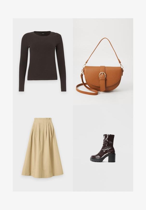 Top marrón de manga larga y con ribete, con cuello redondo. Fabricado con un material suave y elástico, presenta una silueta ajustada y un diseño minimalista.; Falda beige de algodón hasta la rodilla. Presenta pliegues en caja y una cinturilla plana. Textura suave sin patrones o acentos visibles.; Botín burdeos brillante hasta el tobillo con un tacón negro grueso, que presenta una textura suave y un diseño sencillo. Sin cierres ni patrones visibles.; Bolso bandolera de cuero marrón con forma curvada, herrajes dorados y un acento de hebilla. Incluye una correa de hombro desmontable.