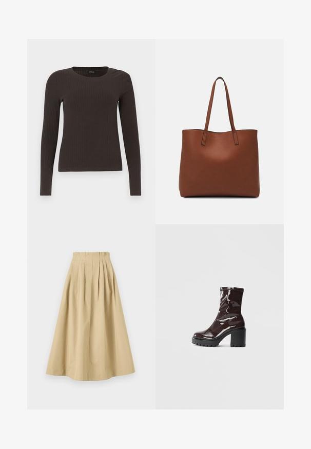 Smeđa, dugokraga, rebrasta majica s dugim rukavima. Izrađena od glatkog, rastezljivog materijala, s prikladnim krojem bez mnogo detalja.; Bežska suknja do koljena od pamuka. Ima kutne nabore i ravni pojas. Glatka tekstura bez vidljivih uzoraka ili naglaska.; Sjajna burgundska čizma do gležnja s debelim crnim potplatom, koja se odlikuje glatkom teksturom i jednostavnim dizajnom. Nema vidljivih kopčanja ili uzoraka.; Smeđa kožna torba preko ramena s glatkom teksturom, otvorenim vrhom i dvjema naramenicama. Ima minimalne šavove i nema vidljivog hardvera.