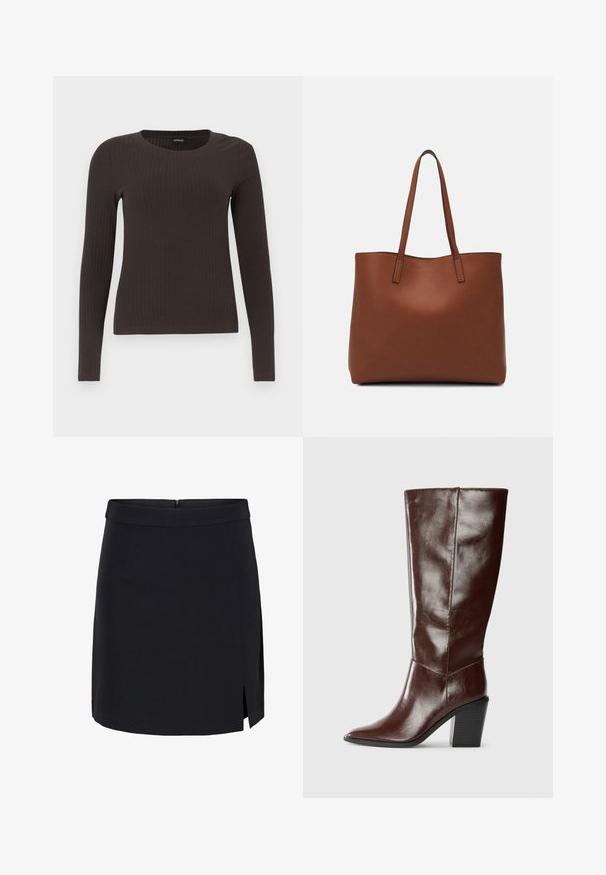 Barna, hosszú ujjú bordázott felső, kerek nyakkivágással. Simább, rugalmas anyagból készült, illeszkedő fazonú és minimális részletezéssel.; Fekete mini szoknya sima anyagból, szűk derékkal, oldalsó hasítékkal és rejtett hátsó cipzárral.; Magas, sötétbarna bőr csizma hegyes orral és tömb sarkal, oldalról mutatva, sima háttér előtt.; Barna bőr vászontáska sima textúrával, nyitott tetejű dizájnnal és két vállpánttal. Minimális varrással és látható hardver nélkül készült.