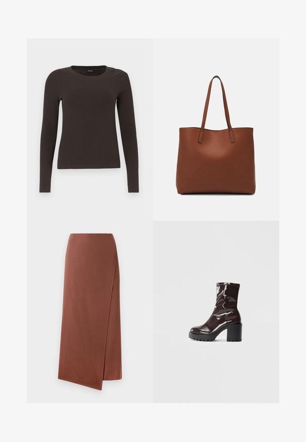 Rudas, su ilgomis rankovėmis, grioveliais dekoruotas viršus su apvaliu iškirpimu. Pagamintas iš lygaus, elastingo audinio, su prigludusia siluetu ir minimaliais akcentais.; Ruda, ilga apvyniojama sijonas iš lygaus audinio su tiesia siluetu. Savybė - šoninė plyšys, skirtas patogiam judėjimui. Paprastas dizainas be raštų.; Blizgus burgundių spalvos kulknapis su tankiu juodu kulnu, pasižymintis lygiu paviršiumi ir paprastu dizainu. Nėra matomų užsegimų ar raštų.; Ruda odinė priekabų krepšys su glotnia tekstūra, atviru viršumi ir dviem petnešomis. Su minimalia siuvimo detalėmis ir nematoma aparatūra.