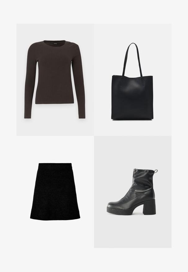 Brun, langermet ribbestrikket topp med rund hals. Laget av et glatt, elastisk materiale, med en tettsittende silhuett og minimalt med detaljer.; Svart strikket skjørt med en tettsittende midje, A-linjeform og jevn tekstur. Enkel design uten synlige mønstre eller pynt.; Svarte ankelstøvler laget av glatt lær, med glidelås på siden, chunky strukturert hæl, og rund tå-design.; Svart lær tote bag med glatt tekstur, rektangulær form og to lange håndtak. Ingen synlige deler eller dekorasjoner.