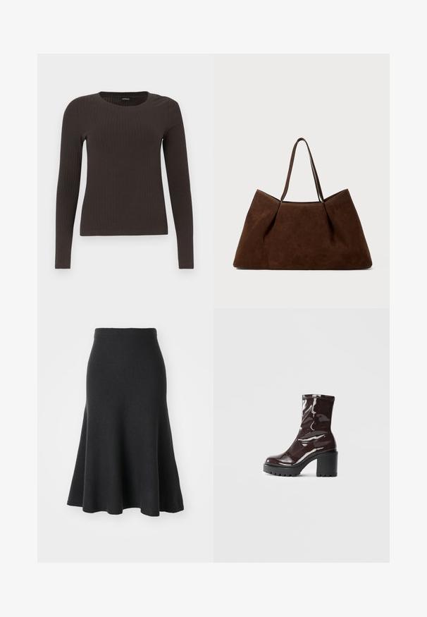 Braunes, langärmliges, geripptes Oberteil mit Rundhalsausschnitt. Hergestellt aus einem glatten, dehnbaren Material, mit einer taillierten Silhouette und minimalen Details.; Schwarzer, ausgestellter Rock aus weichem Stoff mit hohem Taillenbund, glatter Textur und A-Linien-Silhouette, die bis zur Mitte der Waden reicht.; Glatte bordeauxrote Ankle Boots mit einem klobigen schwarzen Absatz, die eine glatte Oberfläche und ein einfaches Design aufweisen. Keine sichtbaren Verschlüsse oder Muster.; Braune Wildleder-Shopper-Tasche mit zwei Schulterriemen, großzügiger rechteckiger Form und minimalistischem Design. Weiche Textur mit glatter Oberfläche.