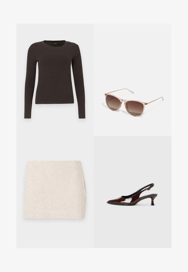 Rudas, su ilgomis rankovėmis, grioveliais dekoruotas viršus su apvaliu iškirpimu. Pagamintas iš lygaus, elastingo audinio, su prigludusia siluetu ir minimaliais akcentais.; Bežinė lininė sijonas su minimalistiniu dizainu, pasižymintis lygiu paviršiumi ir subtiliu audiniu. Jis turi tiesų, paprastą pjūvį be matomų užsegimų.; Rudos lakuoti odiniai slingback batai su smailiu pirštu ir vidutinio aukščio kulnu. Yra sagties dirželis, užtikrinantis tvirtą prigludimą. Lygus paviršius.; Rudi gradientiniai saulės akiniai su permatomu rožiniu rėmeliu, kvadratinės formos ir plonomis metalinėmis šakėmis. Yra su apvalintais kraštais ir minimaliais dekoratyviniais elementais.