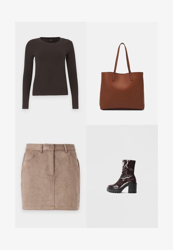 Un haut marron à manches longues en rib avec un col rond. Fabriqué dans un matériau lisse et extensible, il présente une silhouette ajustée et un minimum de détails.; Mini-jupe en daim beige avec une coupe droite, fermeture par boutons sur le devant, cinq poches et passants de ceinture ; texture douce et surface lisse.; Bottines bordeaux brillantes à talon épais noir, avec une texture lisse et un design simple. Aucune fermeture visible ni motifs.; Sac fourre-tout en cuir marron avec une texture lisse, design à ouverture supérieure et deux poignées pour le porter à l'épaule. Présente des coutures minimales et aucun matériel visible.