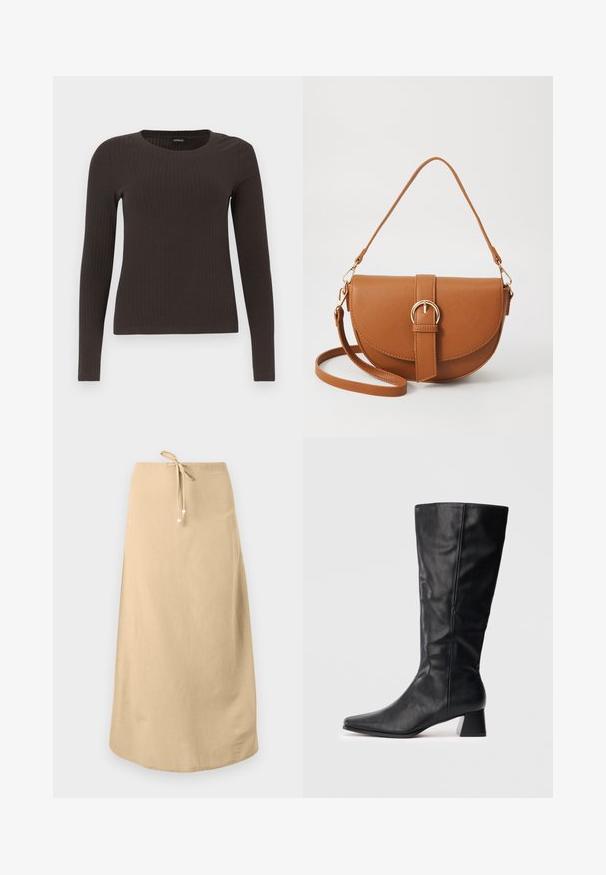 Bruine, lang%C3%A8ve ribgebreide top met een ronde hals. Gemaakt van een soepel, rekbaar materiaal, met een getailleerde pasvorm en minimale details.; Beige linnen rok met een trekkoord tailleband, met een zachte textuur en een afgeronde zoom. Versierd met kleine decoratieve kraaltjes aan de koorden.; Zwarte leren laars tot halverwege het kalf met spitse neus en blokhak op een plain lichte achtergrond.; Bruine leren schoudertas met een gebogen vorm, gouden hardware en een gespaccent. Bevat een afneembare schouderriem.