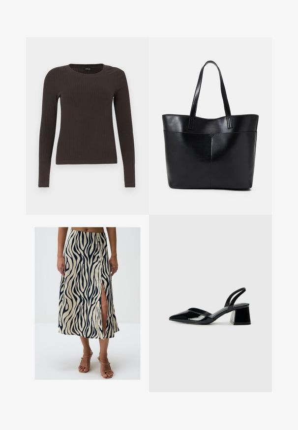 Brązowa, dzianinowa bluzka z długim rękawem i okrągłym dekoltem. Wykonana z gładkiego, elastycznego materiału, z dopasowanym krojem i minimalnymi detalami.; Spódnica do kolan w kolorze kremowym z wyrazistymi niebieskimi paskami w zebra, z bocznym rozcięciem i lekką teksturą materiału.; Czarne lakierowane półbuty na obcasie z wydłużonym noskiem i geometrycznym słupkiem. Charakteryzują się eleganckim, minimalistycznym designem oraz gładką fakturą.; Czarna skórzana torba na ramię z dwoma długimi uchwytami, gładką teksturą i sztywną formą. Posiada przednią kieszeń dla dodatkowego przechowywania.