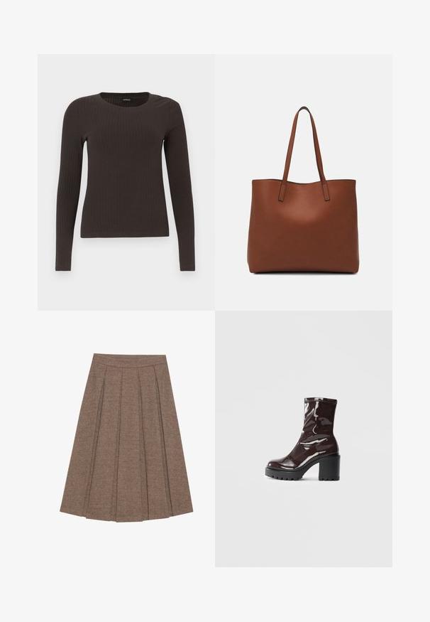 Top castanho de manga longa em malha com decote redondo. Feito de um material suave e elástico, apresentando um silhueta ajustada e detalhes mínimos.; Saia plissada em tecido castanho com padrão de espinha de peixe, apresentando uma cintura ajustada e uma silhueta evasé, proporcionando textura e design estruturados.; Bota de tornozelo burgundy brilhante com um salto preto robusto, apresentando uma textura suave e um design simples. Sem fechos ou padrões visíveis.; Bolsa tote de couro castanho com uma textura suave, design de abertura superior e duas alças para o ombro. Apresenta costura mínima e sem hardware visível.