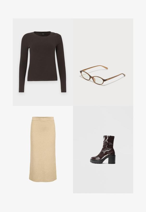 Pruun, pikkade varrukatega ribaga särk, millel on ümar kaelus. Valmistatud siledast, venivast materjalist, omades formatiivset siluetti ja minimaalset dekoratiivsust.; Kootud midi seelik helesuhkrus, millel on ribatasku ja sirge siluett, millel on sile ja pehme tekstuur.; Klakav läikiv burgundi värvi pahkluu saabas, millel on paks must konts, sile tekstuur ja lihtne disain. Nähtavad kinnitused või mustrid puuduvad.; Pruunid kilpkonnaläätsed ovaalsete objektiividega, õhukesed kaared ja läbipaistvad aktsendid. Templi peal on peene logoga. Sujuv, kergesti kandmiseks mõeldud disain.