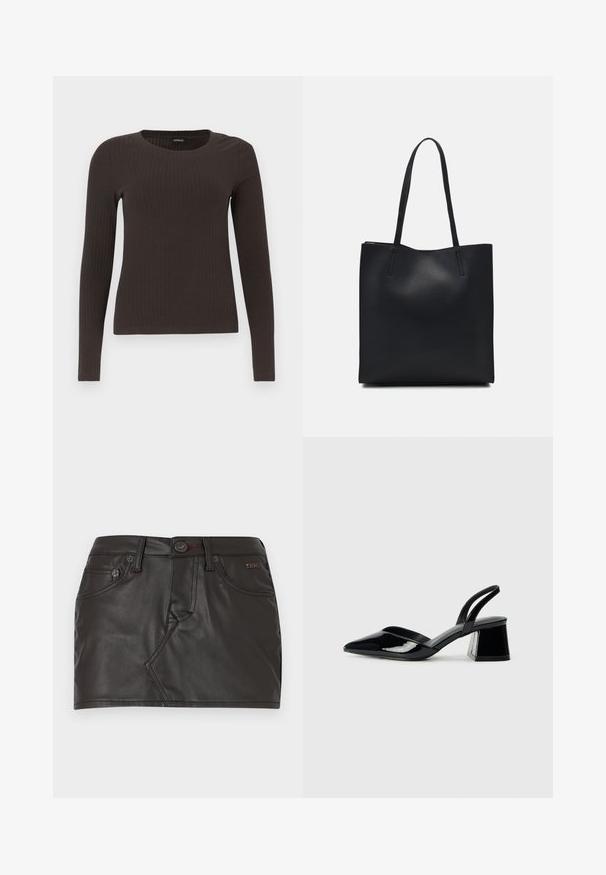Top castanho de manga longa em malha com decote redondo. Feito de um material suave e elástico, apresentando um silhueta ajustada e detalhes mínimos.; Saia mini de couro preto com um design justo, cintura com fecho de botão e bolsos frontais com detalhes costurados.; Sandy em verniz preto com salto slingback, ponta afilada e salto geométrico. Apresenta um design elegante e minimalista com textura suave.; Bolsa tote preta em couro com textura lisa, forma retangular e duas alças longas. Sem hardware ou enfeites visíveis.