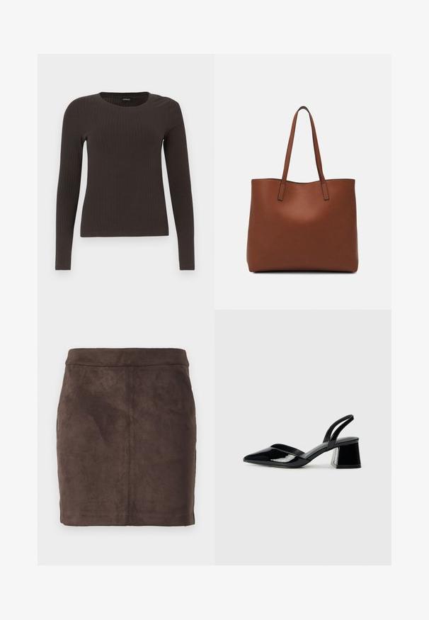 Brūns, garām piedurknēm ribots tops ar apaļu kakla izgriezumu. Izgatavots no gludas, elastīgas materiāla, ar pieguļošu siluetu un minimālu apdari.; Brūnās zamšādas mini svārki ar gludu tekstūru, sašaurinātu dizainu un platu jostasvīru, ar vertikālām šuvēm, kas piešķir struktūru.; Melna lakota āda ar atvērto papēdi, ar smailu purngalu un ģeometrisku blokpapēdi. Iezīmējas elegants, minimāls dizains un gluda tekstūra.; Brūna ādas iepirkumu soma ar gludu tekstūru, atvērta augšdaļa un divas plecu siksnas. Izceļas ar minimālām šuvēm un redzamu aparatūru nav.