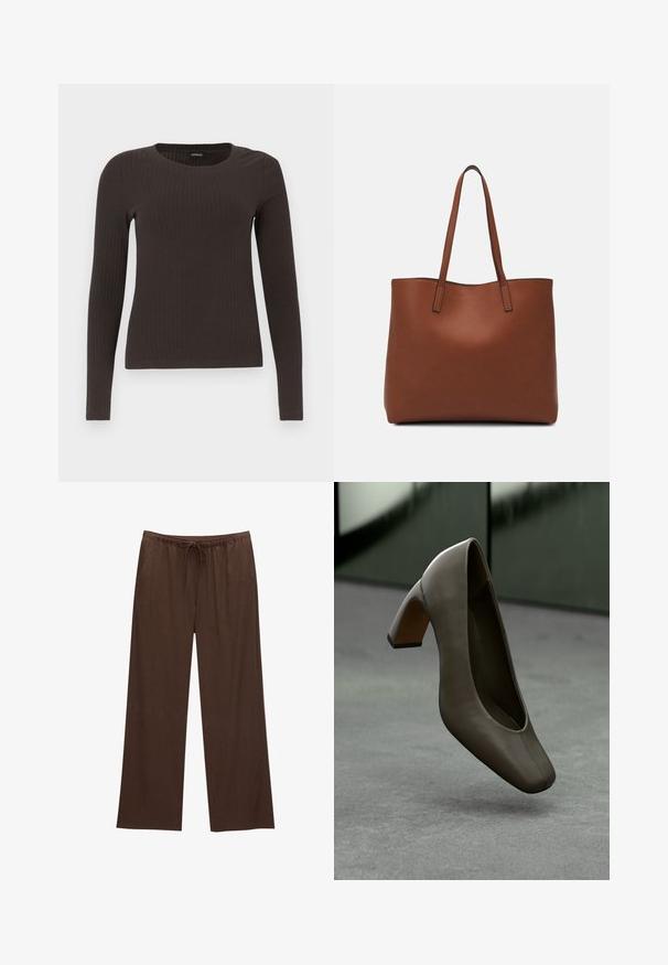 Ruskih, dugih rukava, rebrastih majica s okruglim izrezom. Izrađena od glatkog, rastezljivog materijala, s pripijenim krojem i minimalnim detaljima.; Ruske leve široke hlače izdelane iz mehkega materiala, z elastičnim pasom in vrvico ter dvema stranskima žepoma.; Tummanoliivinvihreä nahkainen avokas, jossa on neliönmuotoinen kärki ja lohkarejalkapohja, leijuu harmaan betonilattian yAbove, taustalla on sumea vihreä maisema.; Ruskea nahkainen olkalaukku, jossa on sileä pinta, avoin yläosa ja kaksi olkahihnaa. Omaavat vain minimaalisen ompelun eikä näkyvää metalliosaa.