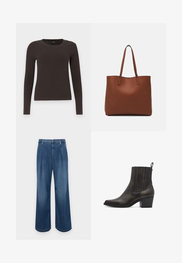 Rjav, dolgosleeve rebrasti zgornji del s krožnim izrezom. Narejen iz gladkega, raztegljivega materiala, z oprijetim silhuetom in minimalnimi detajli.; Široke traper hlače v srednji modri pranju. Imajo gumbasto zapiranje, dva sprednja nabora in kontrastni šiv. Mehka tekstura in gladka površina.; Tamaris Gležnjar v kavbojskem in motorističnem slogu - cigar; Rjava usnjena torba z gladko teksturo, odprto zasnovo zgoraj in dvema naramnima trakovoma. Opremljena je z minimalnim šivanjem in brez vidnih kovinskih delov.