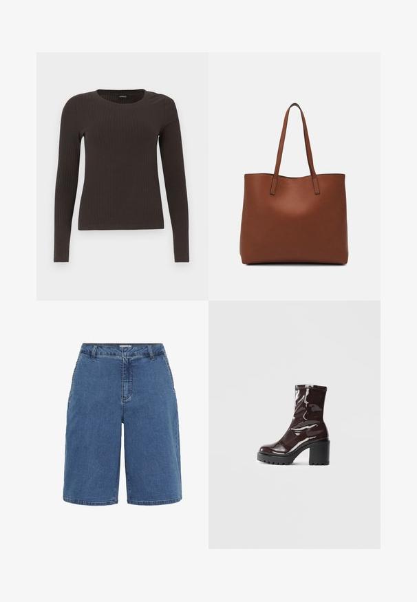 Smeđa, dugokraga, rebrasta majica s dugim rukavima. Izrađena od glatkog, rastezljivog materijala, s prikladnim krojem bez mnogo detalja.; Traperice kratke hlače s plavim pranjem, klasičnog kroja, pet džepova i kontrastnim šavovima. Srednji struk i ravne nogavice.; Sjajna burgundska čizma do gležnja s debelim crnim potplatom, koja se odlikuje glatkom teksturom i jednostavnim dizajnom. Nema vidljivih kopčanja ili uzoraka.; Smeđa kožna torba preko ramena s glatkom teksturom, otvorenim vrhom i dvjema naramenicama. Ima minimalne šavove i nema vidljivog hardvera.