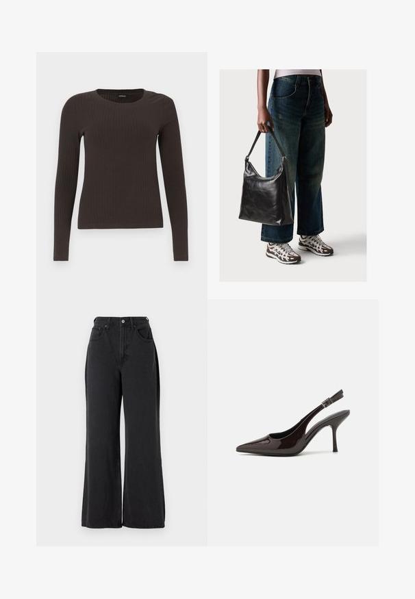 Barna, hosszú ujjú bordázott felső, kerek nyakkivágással. Simább, rugalmas anyagból készült, illeszkedő fazonú és minimális részletezéssel.; Fekete bőszárú farmernadrág, magas derekkal, öt zsebes kialakítással és fémből készült gombos záródással, enyhén textúrázott felülettel.; Fényes sötétbarna lakkbőr magas sarkú slingback cipő, hegyes orral, nyitott oldalakkal és állítható bokapánttal.; Fekete bőr válltáska sima textúrával és állítható pánttal, melyet elnyűtt, bő szárú farmernadrággal és sportcipőkkel párosítottak.