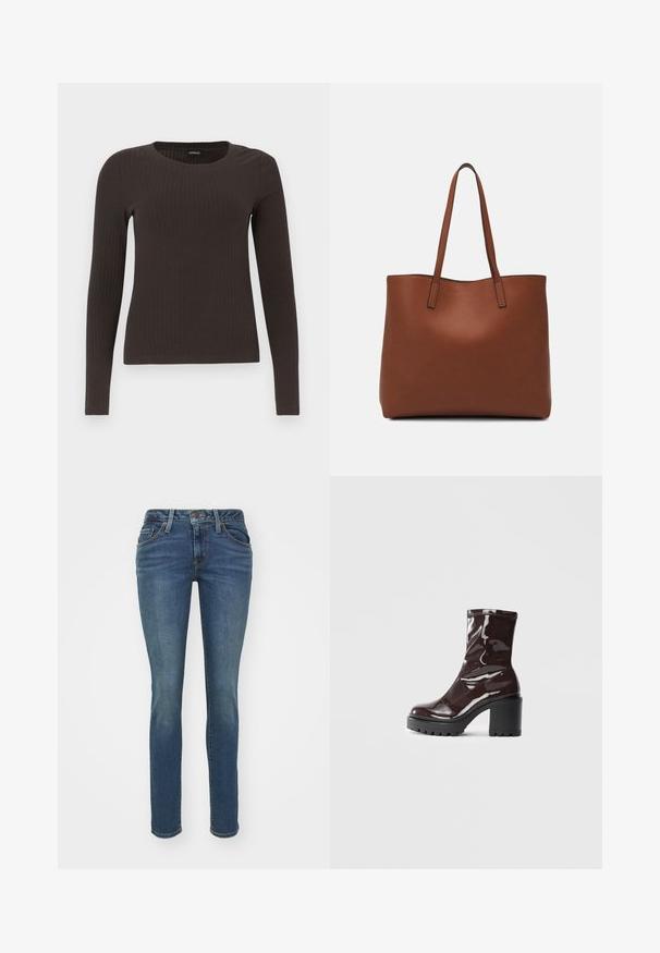 Barna, hosszú ujjú bordázott felső, kerek nyakkivágással. Simább, rugalmas anyagból készült, illeszkedő fazonú és minimális részletezéssel.; Kék farmer slim-fit nadrág öt zsebével, látható varrással és cipzáros záródással. Enyhén megfakult textúrával rendelkezik a részletek kiemelése érdekében.; Fényes bordó bokacsizma vastag fekete sarokkal, sima felülettel és egyszerű dizájnnal. Nincsenek látható zárak vagy minták.; Barna bőr vászontáska sima textúrával, nyitott tetejű dizájnnal és két vállpánttal. Minimális varrással és látható hardver nélkül készült.