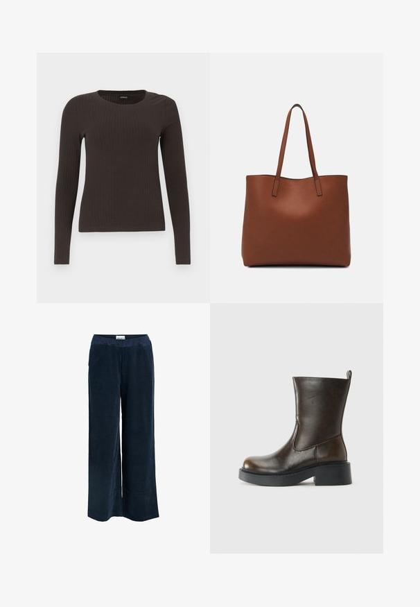 Brown, long-sleeve ribbed top with a crew neckline. Made from a smooth, stretchy material, featuring a fitted silhouette and minimal detailing.; Navy blue wide-leg pants made of a textured corduroy fabric with an elastic waistband and side seam pockets.; Dark brown mid-calf leather boot with a rounded toe, thick black sole, low block heel, and pull tab at the back.; Brown leather tote bag with a smooth texture, open top design, and two shoulder straps. Features minimal stitching and no visible hardware.