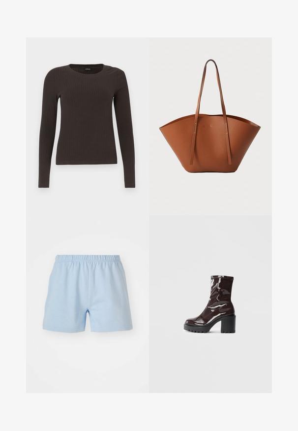 Top ribbed, de culoare maronie, cu mâneci lungi și gât rotund. Fabricat dintr-un material neted și elastic, cu un croi ajustat și detalii minime.; Șorturi din bumbac de culoare albastru deschis, cu talie elastică. Prezintă o textură simplă și netedă, având o lungime până la mijlocul coapsei. Fără buzunare.; Botine lucioase burgundy, cu toc gros negru, având o textură netedă și un design simplu. Fără închideri sau modele vizibile.; Geantă tote din piele maro, cu o formă largă și bine structurată, mânere subțiri și un finisaj texturat. Prezintă un design minimalist, fără hardware vizibil.