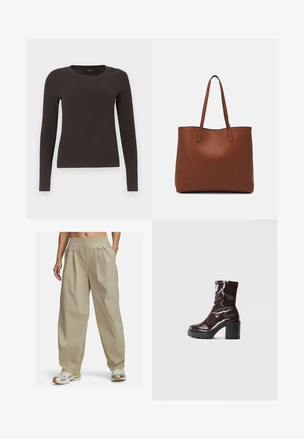 Brūns, garām piedurknēm ribots tops ar apaļu kakla izgriezumu. Izgatavots no gludas, elastīgas materiāla, ar pieguļošu siluetu un minimālu apdari.; Bežīgas platās bikses ar elastīgu jostasviedi un priekšējām krokām, izgatavotas no gludas auduma. Kombinētas ar gaišu krāsu sporta apaviem.; Spīdīgas bordo potīšu botītes ar masīlu melnu papēdi, kurām ir gluda tekstūra un vienkāršs dizains. Nav redzamu aizdari vai rakstu.; Brūna ādas iepirkumu soma ar gludu tekstūru, atvērta augšdaļa un divas plecu siksnas. Izceļas ar minimālām šuvēm un redzamu aparatūru nav.