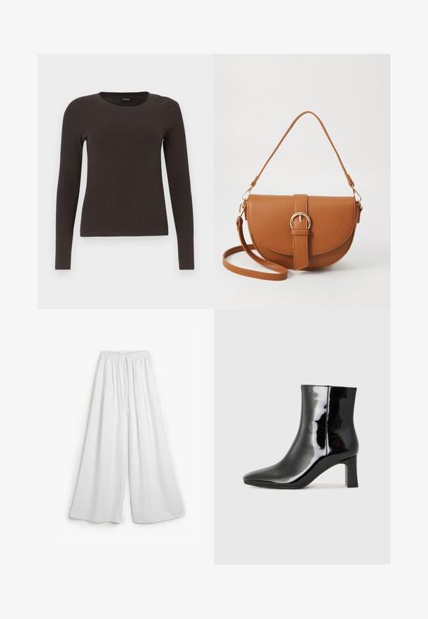 Bruine, lang%C3%A8ve ribgebreide top met een ronde hals. Gemaakt van een soepel, rekbaar materiaal, met een getailleerde pasvorm en minimale details.; Wijdvallende witte broek met een elastische tailleband en een trekkoord. Gemaakt van zachte stof, met een gladde textuur en zonder zichtbare patronen.; Zwarte gepolijste leren enkellaars met een spitse neus en een blokhak van gemiddelde hoogte. Glad textuur en minimalistisch ontwerp.; Bruine leren schoudertas met een gebogen vorm, gouden hardware en een gespaccent. Bevat een afneembare schouderriem.