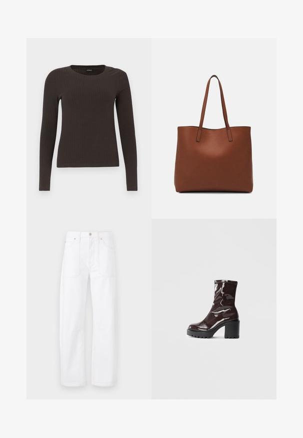 Brown, long-sleeve ribbed top with a crew neckline. Made from a smooth, stretchy material, featuring a fitted silhouette and minimal detailing.; White denim pants with straight leg design, contrasting orange stitching, five pockets, and a button and zipper closure.; Glossy burgundy ankle boot with a chunky black heel, featuring a smooth texture and simple design. No visible fastenings or patterns.; Brown leather tote bag with a smooth texture, open top design, and two shoulder straps. Features minimal stitching and no visible hardware.