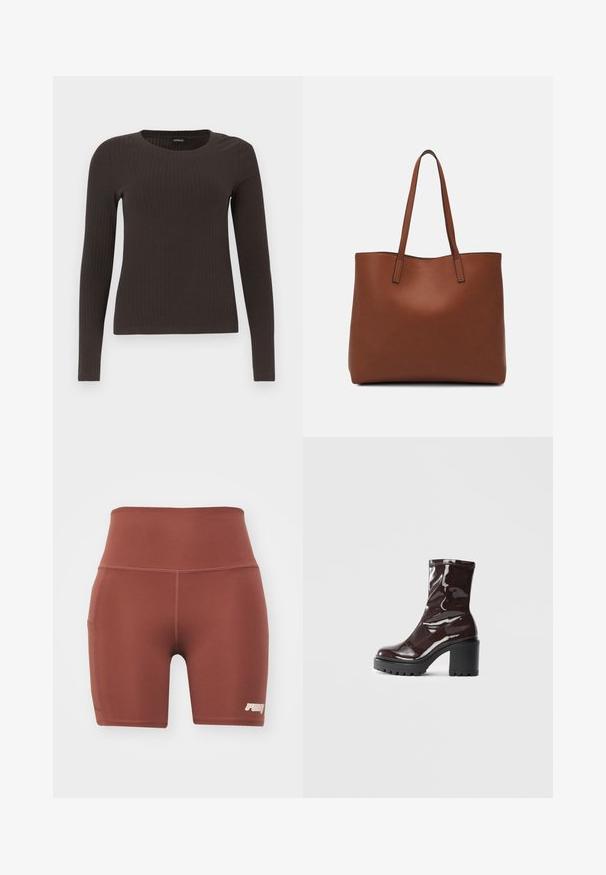 Hnedý, dlhý rukáv, rebrovaný top s okrúhlym výstrihom. Vyrobený z hladkého, elastického materiálu, s priliehavým strihom a minimálnym zdobením.; Hnedé športové šortky s priliehavým strihom a vysokým pásom, vyrobené z hladkej tkaniny. Majú bočnú kapsu a malé logo v pravom dolnom rohu.; Lesklé burgundské kotníkové boty s robustním černým podpatkem, s hladkou strukturou a jednoduchým designem. Bez viditelných zapínání nebo vzorů.; Hnedá kožená taška na rameno s hladkou textúrou, otvoreným vrchom a dvoma ramenými popruhmi. Má minimálne šitia a žiadne viditeľné kovania.