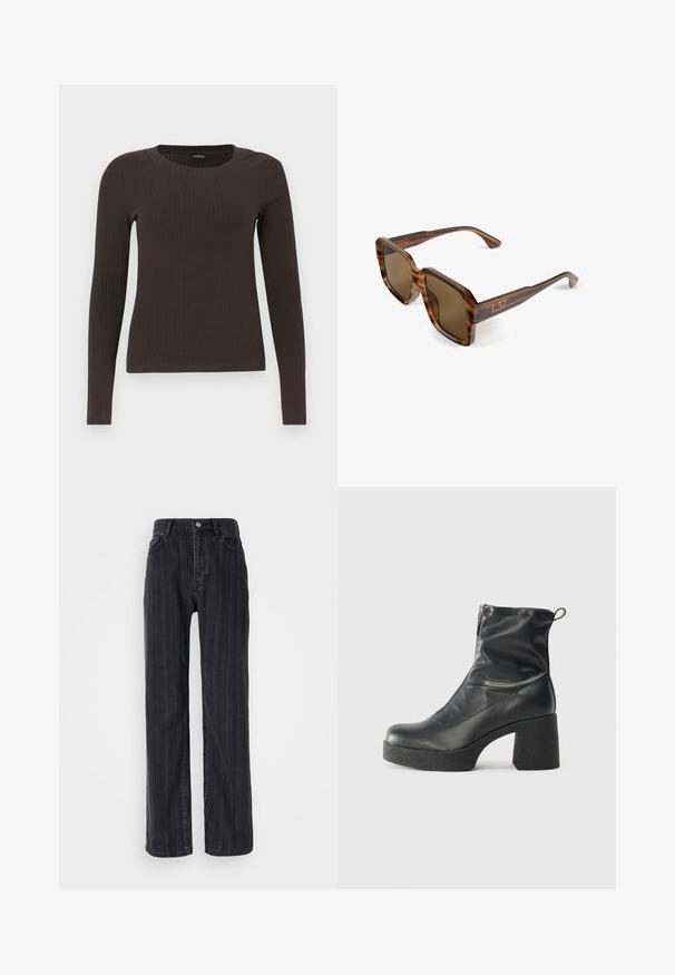 Rjav, dolgosleeve rebrasti zgornji del s krožnim izrezom. Narejen iz gladkega, raztegljivega materiala, z oprijetim silhuetom in minimalnimi detajli.; Visoko pasovi črni denim kavbojki z vertikalnim pinstripe vzorcem, ravne noge in kovinsko zapiranje na sprednji strani.; Črne gležnjarje iz gladke kože z božnim zadrgo, masivnim teksturiranim peto in zaobljeno obliko prstov.; Rjave očala iz tortoiseshell s kvadratnimi okviri, temnimi lečami in zlatim napisom "L37" na špiceh. Gladka tekstura, lahka zasnova.