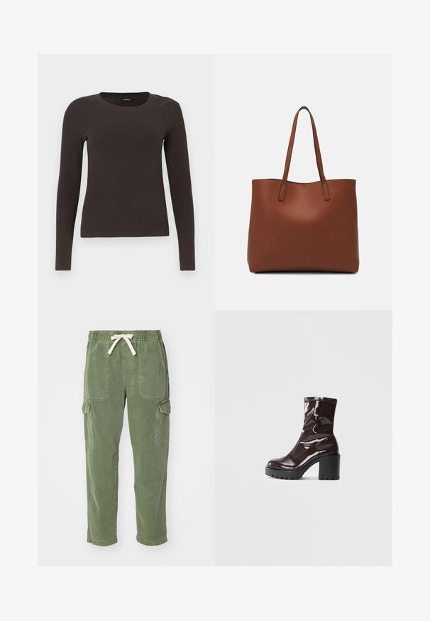 Ruskih, dugih rukava, rebrastih majica s okruglim izrezom. Izrađena od glatkog, rastezljivog materijala, s pripijenim krojem i minimalnim detaljima.; Vihreät cargo-housut, jotka on valmistettu puuvillasta, rento malli, elastinen vyötärö, nyöri ja kaksi suurta sivutaskua. Pehmeä rakenne.; Satea bordeaux berwarna mengkilap dengan tumit hitam tebal, menampilkan tekstur halus dan desain sederhana. Tanpa pengikat atau pola yang terlihat.; Ruskea nahkainen olkalaukku, jossa on sileä pinta, avoin yläosa ja kaksi olkahihnaa. Omaavat vain minimaalisen ompelun eikä näkyvää metalliosaa.