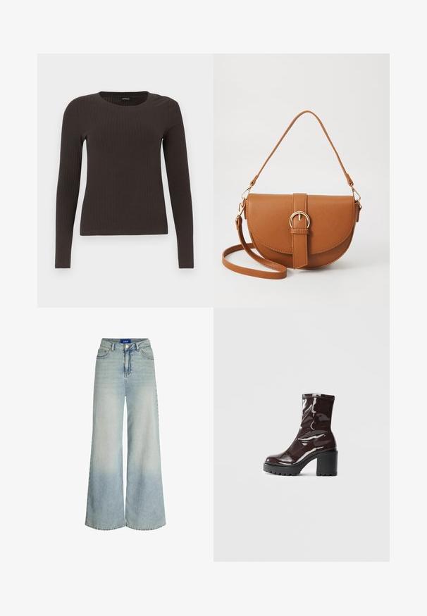 Brūns, garām piedurknēm ribots tops ar apaļu kakla izgriezumu. Izgatavots no gludas, elastīgas materiāla, ar pieguļošu siluetu un minimālu apdari.; Platas kāju džinsi, izgatavoti no gaiši zila denima, ar augstu vidukli, piecu kabatu dizainu un vieglu izbalēšanu auduma tekstūrā.; Spīdīgas bordo potīšu botītes ar masīlu melnu papēdi, kurām ir gluda tekstūra un vienkāršs dizains. Nav redzamu aizdari vai rakstu.; Brūns ādas plecu soma ar izliekta formu, zelta piederumiem un sprādzes akcentu. Iesaiņota ar noņemamu plecu siksnu.