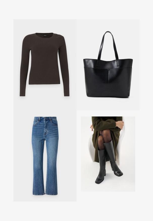 Un haut marron à manches longues en rib avec un col rond. Fabriqué dans un matériau lisse et extensible, il présente une silhouette ajustée et un minimum de détails.; Jean flare en denim bleu clair avec taille haute, cinq poches et un léger délavage. Présente des coutures dorées et une fermeture à bouton.; Bottes en cuir noires arrivant au genou, avec un bout carré et un talon carré, présentées sur un modèle assis dans un manteau vert olive. Texture lisse, détails minimaux.; Sac fourre-tout en cuir noir avec deux longues poignées, une texture lisse et une forme structurée. Dispose d'une poche avant pour un rangement supplémentaire.