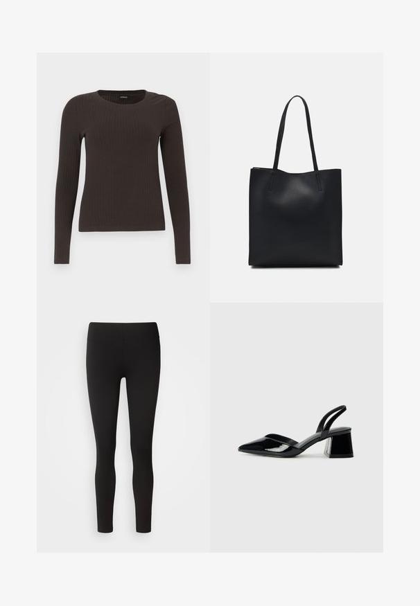 Bruine, lang%C3%A8ve ribgebreide top met een ronde hals. Gemaakt van een soepel, rekbaar materiaal, met een getailleerde pasvorm en minimale details.; Zwarte leggings gemaakt van rekbaar materiaal met een naadloze tailleband, figuurvolgend ontwerp en soepele textuur, geschikt voor verschillende activiteiten.; Zwarte gepatineerde leren slingback hakken met een spitse neus en een geometrische blokhak. Kenmerkt zich door een slank, minimalistisch ontwerp en een gladde textuur.; Zwarte leren handtas met een gladde textuur, rechthoekige vorm en twee lange handvaten. Geen zichtbare hardware of versieringen.