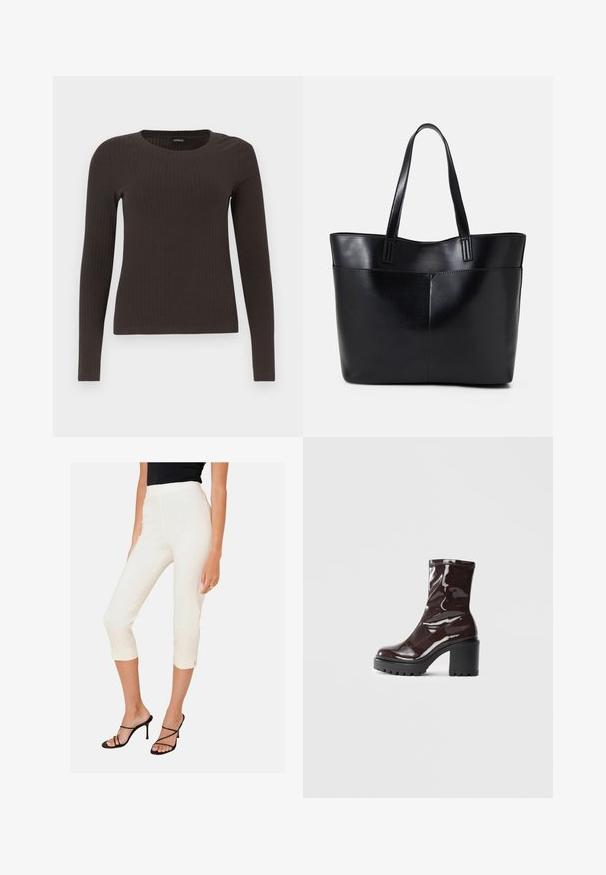 Bruine, lang%C3%A8ve ribgebreide top met een ronde hals. Gemaakt van een soepel, rekbaar materiaal, met een getailleerde pasvorm en minimale details.; Witte cropped broeken met een aansluitend ontwerp en zijscheuren aan de zoom, gecombineerd met zwarte bandjeshakken. Glad materiaal met een gepolijste afwerking.; Glanzende bordeauxrode enkelboot met een chunky zwarte hak, met een gladde textuur en een eenvoudig ontwerp. Geen zichtbare sluitingen of patronen.; Zwarte leren tote bag met twee lange handvatten, een zachte textuur en een gestructureerde vorm. Voorzien van een voorvak voor extra opslagruimte.