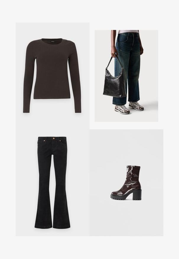 Pruun, pikkade varrukatega ribaga särk, millel on ümar kaelus. Valmistatud siledast, venivast materjalist, omades formatiivset siluetti ja minimaalset dekoratiivsust.; Mustad sametpüksid, millel on tekstuuriga pinnakate ja hõlpsasti laienev lahendus. Neil on viis taskut ning metalse riistvaraga detailid vööl ja taskutel.; Klakav läikiv burgundi värvi pahkluu saabas, millel on paks must konts, sile tekstuur ja lihtne disain. Nähtavad kinnitused või mustrid puuduvad.; Must musta õlakott, millel on sile tekstuur ja reguleeritav rihm, koos pleekinud laia jalgadega teksade ja sportlike tossudega.