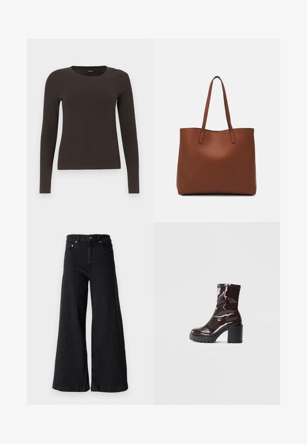 Brown, long-sleeve ribbed top with a crew neckline. Made from a smooth, stretchy material, featuring a fitted silhouette and minimal detailing.; GAP Petite STRIDE SAVILLE - Wide Leg - washed black; Glossy burgundy ankle boot with a chunky black heel, featuring a smooth texture and simple design. No visible fastenings or patterns.; Brown leather tote bag with a smooth texture, open top design, and two shoulder straps. Features minimal stitching and no visible hardware.