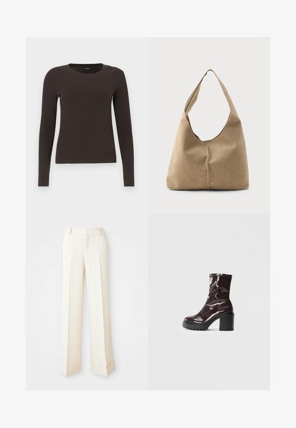Barna, hosszú ujjú bordázott felső, kerek nyakkivágással. Simább, rugalmas anyagból készült, illeszkedő fazonú és minimális részletezéssel.; Beige, bő szárú nadrág sima textúrával, elülső redőkkel és hajtott szegéllyel. Derékpánt hurokkal és cipzáras záródással rendelkezik.; Fényes bordó bokacsizma vastag fekete sarokkal, sima felülettel és egyszerű dizájnnal. Nincsenek látható zárak vagy minták.; Puha bézs velúr hobo táska laza formával, széles vállpánttal és kézzel varrt varrási részlettel az elején.