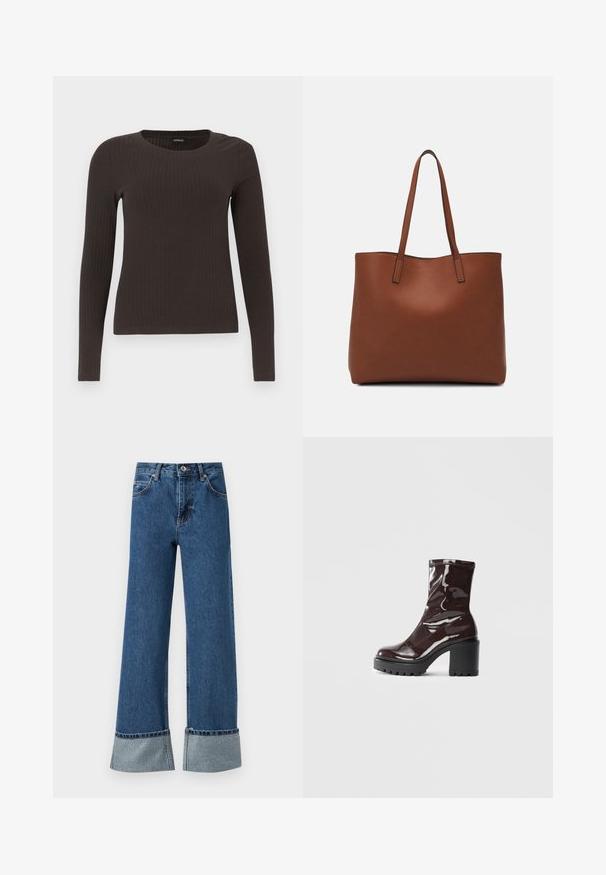 Pruun, pikkade varrukatega ribaga särk, millel on ümar kaelus. Valmistatud siledast, venivast materjalist, omades formatiivset siluetti ja minimaalset dekoratiivsust.; Laiad sinised teksad, mille alläär on räbal ja millel on hõbedased dekoratiivsed detailid pahkluude juures. Omab nööpsulgurit ja viit taskut.; Klakav läikiv burgundi värvi pahkluu saabas, millel on paks must konts, sile tekstuur ja lihtne disain. Nähtavad kinnitused või mustrid puuduvad.; Pruun nahast tote-kott, millel on sile tekstuur, avatud ülaosa disain ja kaks õlarihma. Omab minimaalset õmblust ja nähtavat riistvara ei ole.