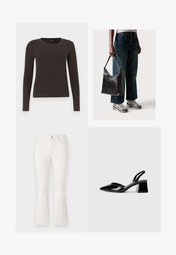 Braunes, langärmliges, geripptes Oberteil mit Rundhalsausschnitt. Hergestellt aus einem glatten, dehnbaren Material, mit einer taillierten Silhouette und minimalen Details.; Weiße, weit geschnittene Jeans aus Denim mit einem taillierten Bund, fünf Taschen und einem Reißverschluss vorne. Glatte Textur und ein schlichter Design.; Schwarze Lackleder-Slingback-High Heels mit spitzem Schuh und einem geometrischen Blockabsatz. Verfügt über ein schlankes, minimalistisches Design und eine glatte Textur.; Schwarze Leder-Schultertasche mit glatter Textur und verstellbarem Riemen, kombiniert mit ausgewaschenen weit geschnittenen Jeans und sportlichen Sneakern.