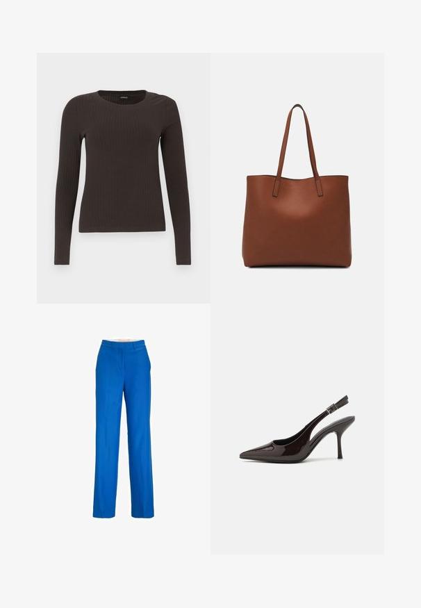 Top ribbed, de culoare maronie, cu mâneci lungi și gât rotund. Fabricat dintr-un material neted și elastic, cu un croi ajustat și detalii minime.; Pantaloni bleumarin, fără croială, cu tăietură dreaptă, având o textură netedă și un braț clasic. Fără modele vizibile sau embellishments.; Pantof cu toc înalt Slingback din piele sintetică lucioasă de culoare maro închis, vârf ascuțit, laterale deschise și curea ajustabilă la glezne.; Geantă de umăr din piele maro cu o textură netedă, design cu vârf deschis și două curele pentru umăr. Prezintă cusături minime și fără componente metalice vizibile.