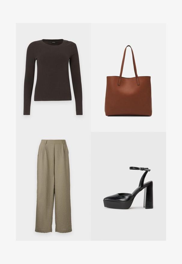 Brown, long-sleeve ribbed top with a crew neckline. Made from a smooth, stretchy material, featuring a fitted silhouette and minimal detailing.; Khaki wide-leg trousers made of textured fabric, featuring a high waist and subtle pleats for added detail. Smooth waistband finish.; Black platform heels with a pointed toe and adjustable ankle strap. Constructed from smooth leather, featuring a chunky block heel.; Brown leather tote bag with a smooth texture, open top design, and two shoulder straps. Features minimal stitching and no visible hardware.