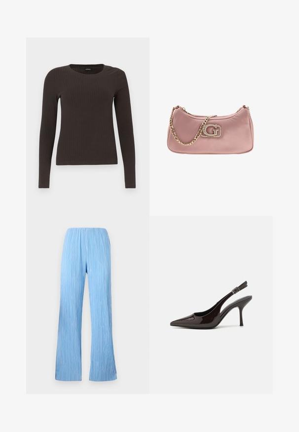 Brūns, garām piedurknēm ribots tops ar apaļu kakla izgriezumu. Izgatavots no gludas, elastīgas materiāla, ar pieguļošu siluetu un minimālu apdari.; Gaiši zili plīšu bikses ar plašu kāju dizainu, uz kurām ir vertikālas svītras un elastīga josta komfortam. Gluda, viegla auduma struktūra.; Slingback augstpapēžu kurpe ar spīdīgu tumši brūnu lakotu ādu, ar norādītu purngalu, atvērtām pusēm un regulējamu potītes siksniņu.; Rožainā satīna rokassoma ar zelta ķēdes siksnu un izteiksmīgu kristāliem izrotātu logo aizmugurē. Gluda tekstūra un noapaļota forma.